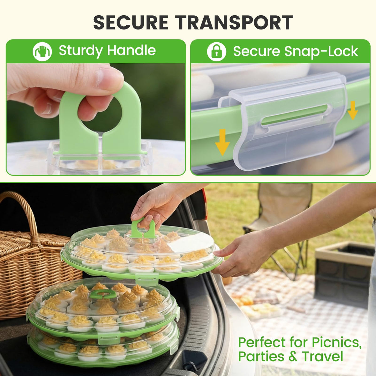Hansgo Deviled Egg Carrier with Lid, Holds 22 Eggs, 3 Pack Green