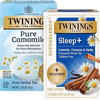 Twinings Bedtime Tea Variety 2-Pack Pure Camomile Teabags and Superblends, Cinnamon & Vanilla + Melatonin Tea, Naturally Caffeine-Free
