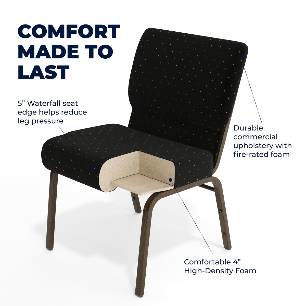 HERCULES Series 21''W Stacking Church Chair in Black Dot Patterned Fabric - Gold Vein Frame by Flash Furniture – Set of 1, Fabric, Foam, Steel, Model FD-CH0221-4-GV-S0806-GG