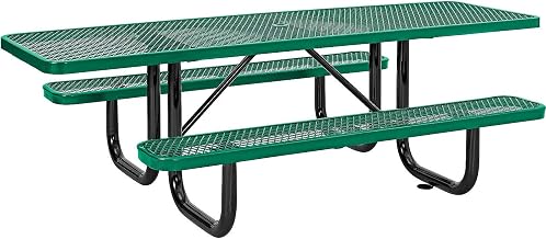 Global Industrial 8'L Rectangular Picnic Table, ADA Compliant, Green | Expanded Metal, Thermoplastic Coating, Attached Benches, 1-1/2â€ Umbrella Pole Hole, Outdoor-Rated, Unassembled