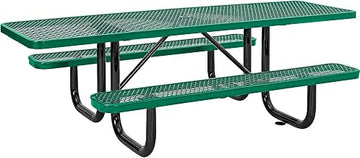 Global Industrial 8'L Rectangular Picnic Table, ADA Compliant, Green | Expanded Metal, Thermoplastic Coating, Attached Benches, 1-1/2â€ Umbrella Pole Hole, Outdoor-Rated, Unassembled