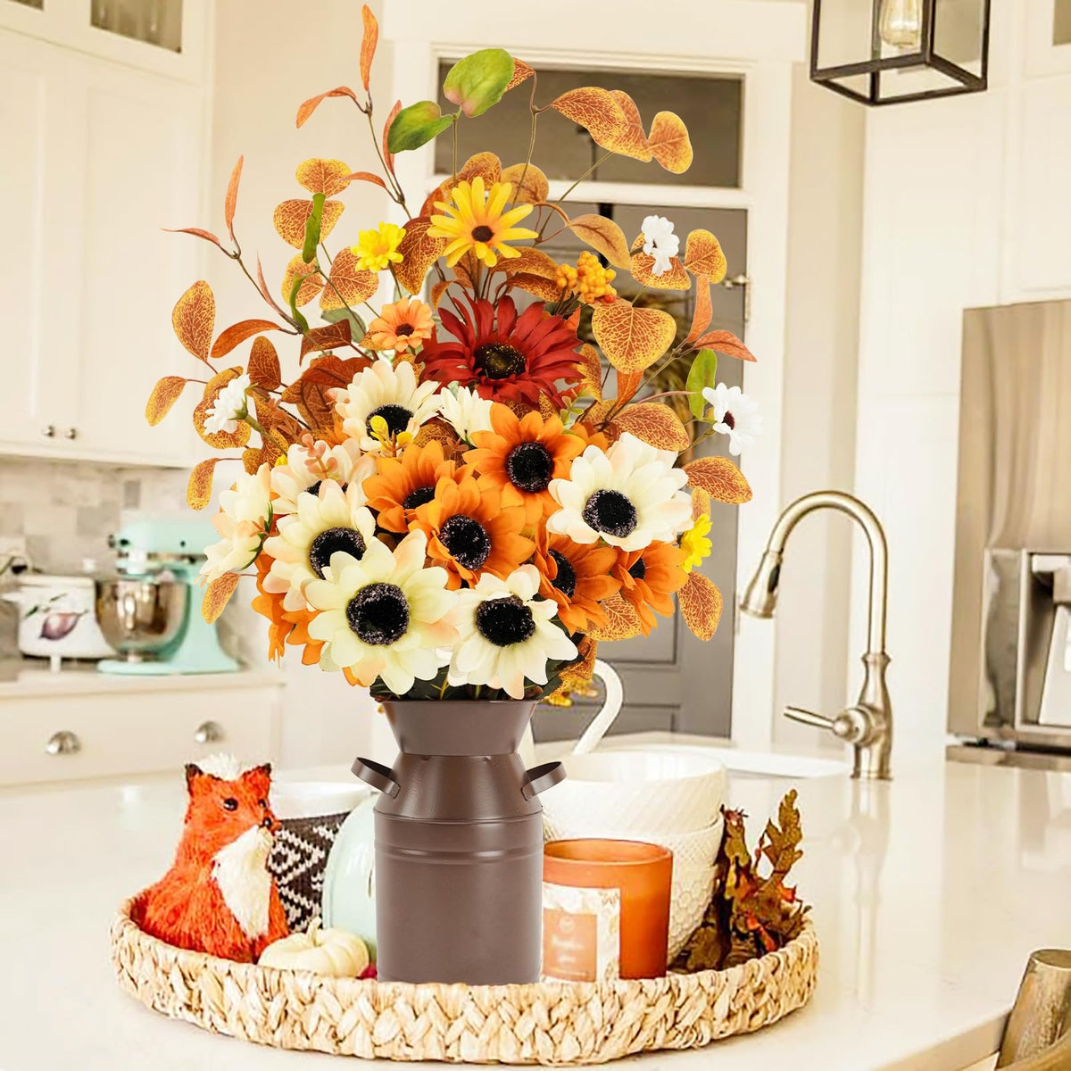 Obbsie Artificial Fall Flowers in Metal Pot, 22.5 Inch, Orange