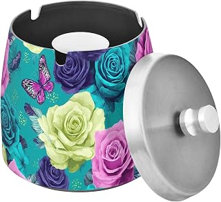 Roses Butterflies Blue Background Pattern Splash Ashtray with Lid, Outdoor Ashtrays for Patio