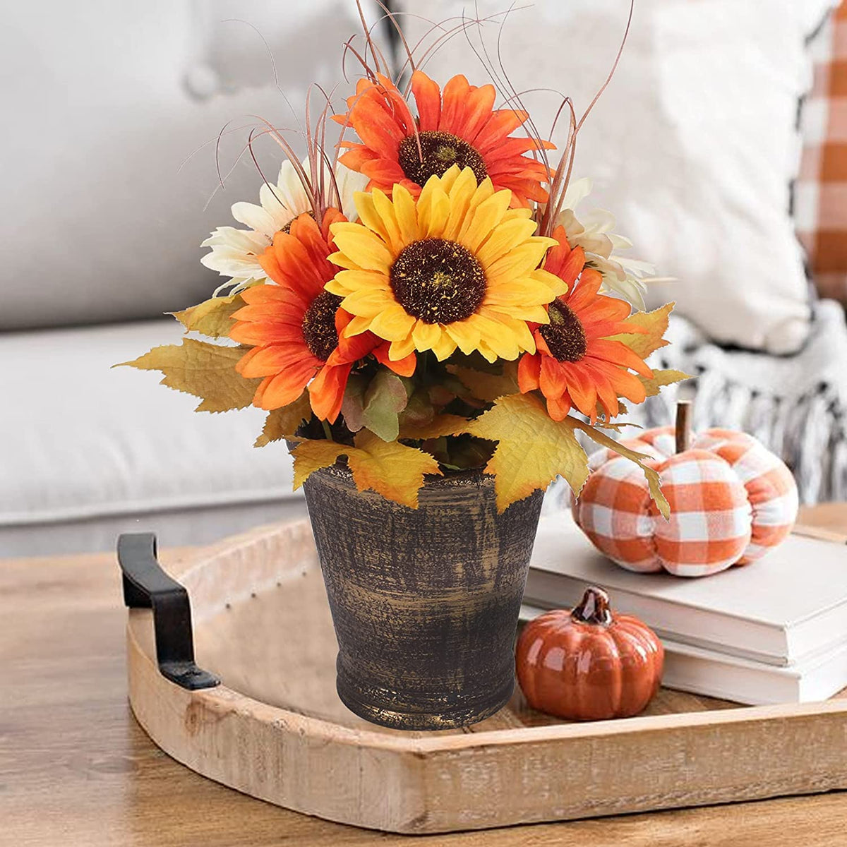 GTIDEA Artificial Sunflower Potted Plant, 12.6 Inch, Fall Maple Leaves