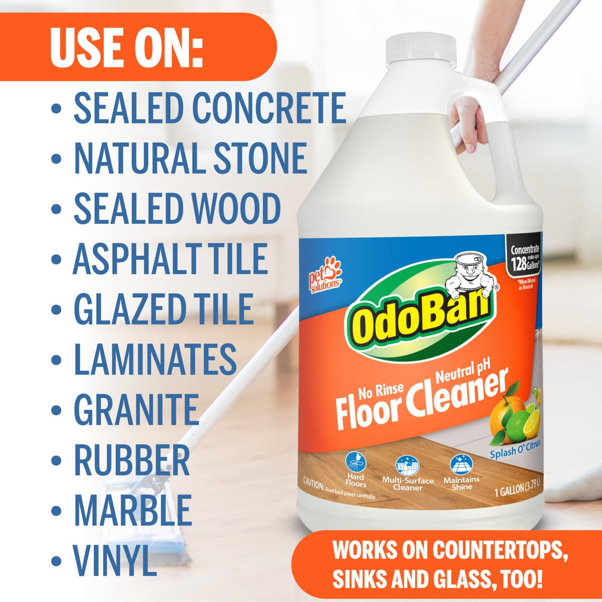 Pet Solutions No Rinse Neutral pH Floor Cleaner Concentrate by OdoBan – 128 Fl Oz (Pack of 2), Clear, Pack of 2, Model 361B61