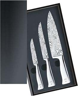 WMF 3-Piece Knife Set Utility Knife Meat Knife Chef's Knife Damasteel Damascus Performance Cut Forged Sharpening Steel Cromargan Stainless Steel 120 Layers of Handles in a Wooden Box Made in Germany