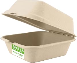 Responsible Products 6 x 6 inch Hinged Containers, Tree-Less™ Compostable Molded Fiber Takeout Containers, Extra Strength, Tree-Free and Made Without PFAS, Natural Brown (500 Count)