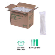 Eco-Products Compostable CPLA 6" Plastic Utensil Set – Wrapped Plantware Cutlery, Case of 250, White Disposable Knife, Fork, Spoon, and Napkin, Renewable Material Made from Plants, Sturdy and Strong