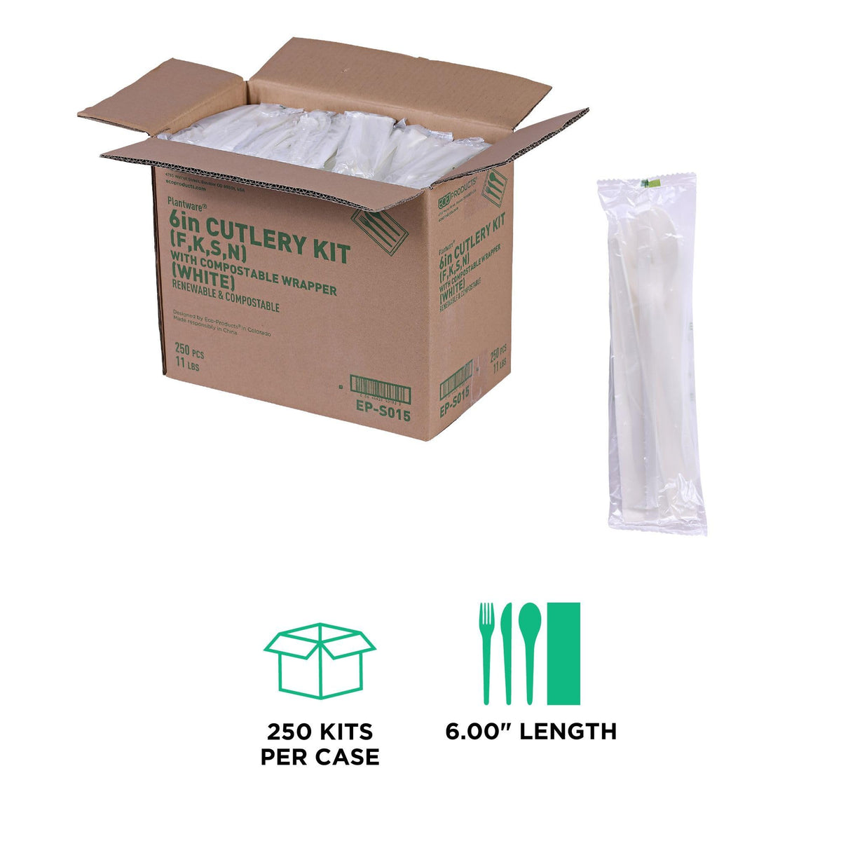 Eco-Products Compostable CPLA 6" Plastic Utensil Set – Wrapped Plantware Cutlery, Case of 250, White Disposable Knife, Fork, Spoon, and Napkin, Renewable Material Made from Plants, Sturdy and Strong