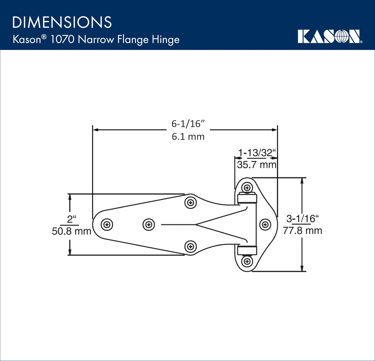 1070 Narrow Flange Hinge by Kason – 7/8", Stainless Steel, Silver, Model 11070000032