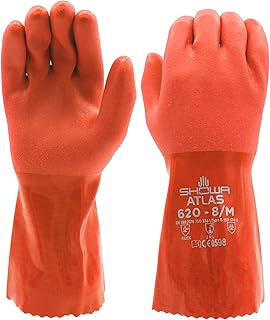 SHOWA Atlas 620 Double-Dipped PVC Chemical Resistant Gloves, Rough Finish Grip, Seamless Cotton Liner