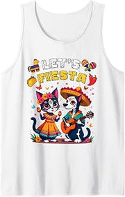 Funny Cat and Dog Sugar Skull Lets Fiesta Día Los de Muertos Tank Top