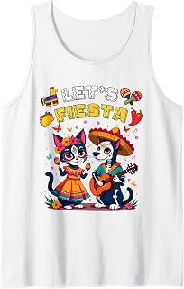 Funny Cat and Dog Sugar Skull Lets Fiesta Día Los de Muertos Tank Top