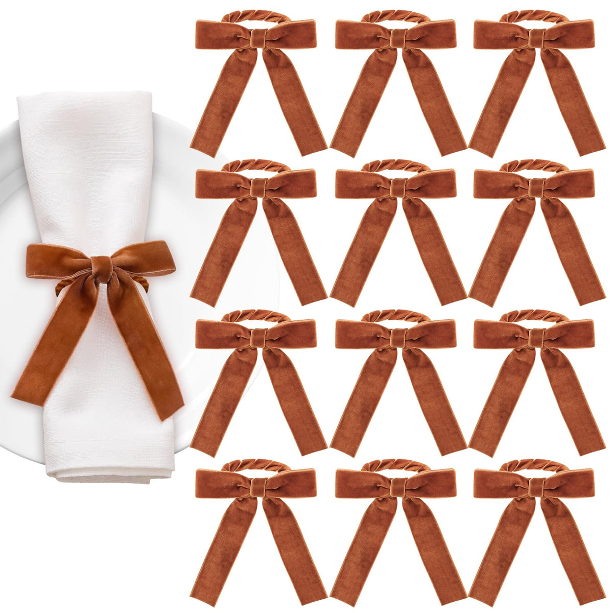 NatNarr Velvet Bow Napkin Rings, Set of 12, Brown