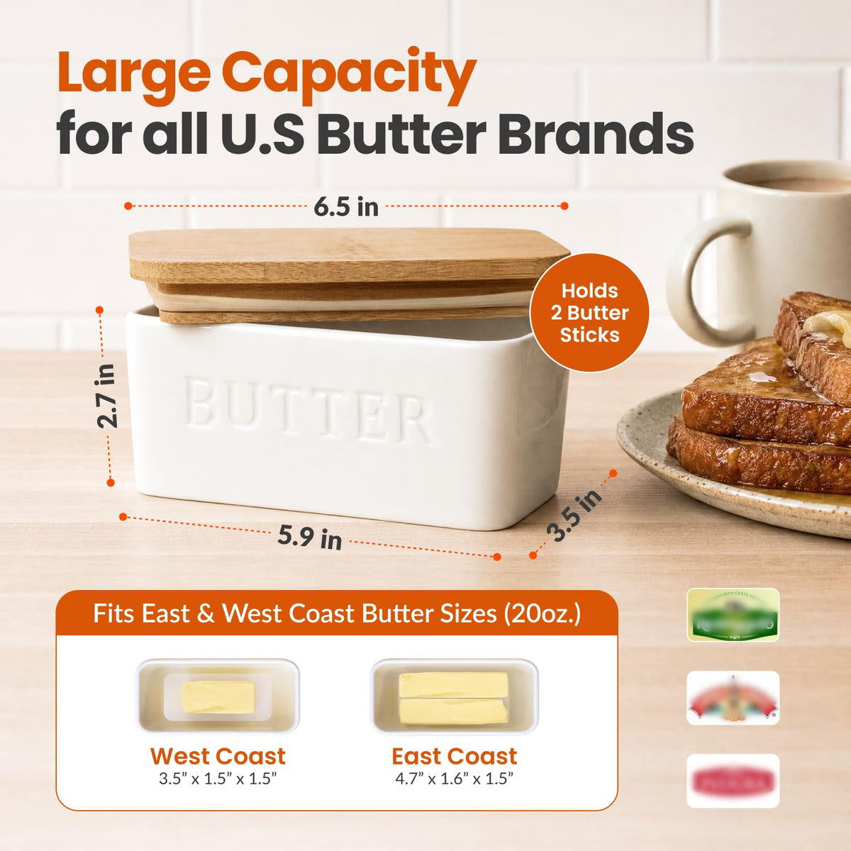 Priority Chef Ceramic Butter Dish with Lid, Large Capacity, White