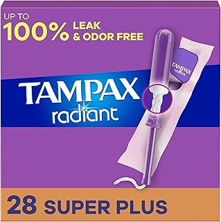 Tampax Radiant Tampons with LeakGuard Braid, Super Plus Absorbency, Unscented, 28 Count (Packaging May Vary)
