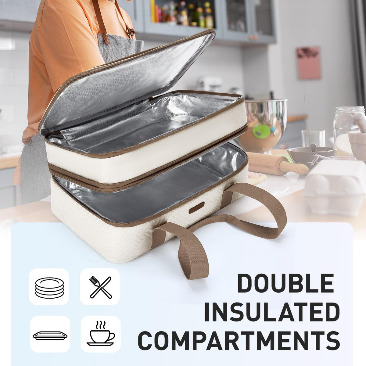 TOURIT Expandable Casserole Carrier, Double Compartment, Beige