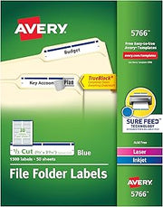 Avery TrueBlock File Folder Labels, 2/3" x 3-7/16", White/Blue, 5 Packs, 7,500 Printable Labels Total (5766)