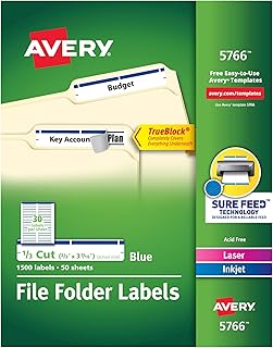 Avery TrueBlock File Folder Labels, 2/3" x 3-7/16", White/Blue, 5 Packs, 7,500 Printable Labels Total (5766)