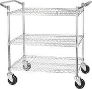 Winco 18" x 36" Silver/Black Wire Utility Cart | Heavy-duty, Adjustable shelves, Double handle, 4 swivel casters, Great for Entrees, Salads, Desserts and Appetizers