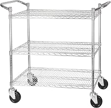 Winco 18" x 36" Silver/Black Wire Utility Cart | Heavy-duty, Adjustable shelves, Double handle, 4 swivel casters, Great for Entrees, Salads, Desserts and Appetizers