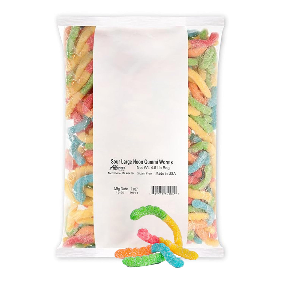 Candy, Sour Large Neon Gummi Worms, 4.5-pound Bag by Albanese – 4.5 Pound (Pack of 1), Assorted