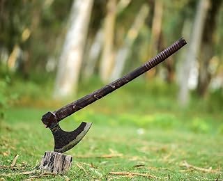 36''Inch Two Handed Viking Berserker Axe, Carbon Steel Blade, Black, 4.5 Pounds, 12''Inch Leather & Steel Handle, Ambidextrous, Viking Style