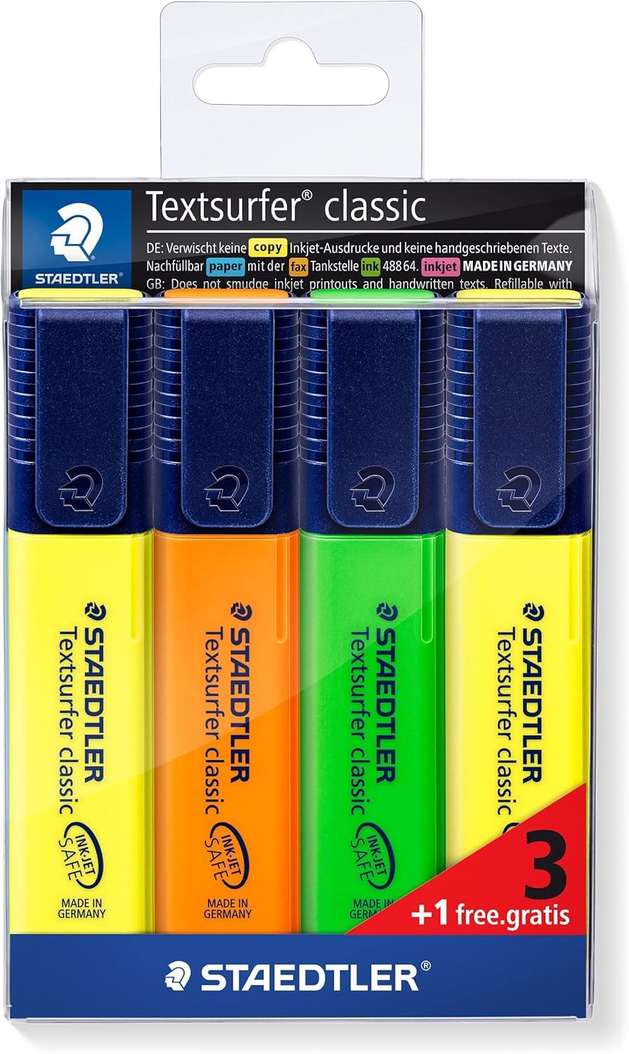 Textsurfer Classic 3+1 Promo Pack by STAEDTLER – 1 Count (Pack of 4), Plastic Water-based ink, Yellow, orange, pink, green, Model 364 Cwp4