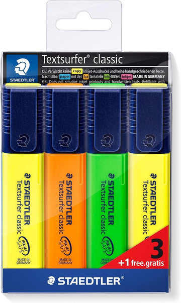 Textsurfer Classic 3+1 Promo Pack by STAEDTLER – 1 Count (Pack of 4), Plastic Water-based ink, Yellow, orange, pink, green, Model 364 Cwp4