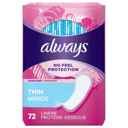 Panty Liners No Feel Protection Thin Regular, 72 Count by Always – Commercial Grade