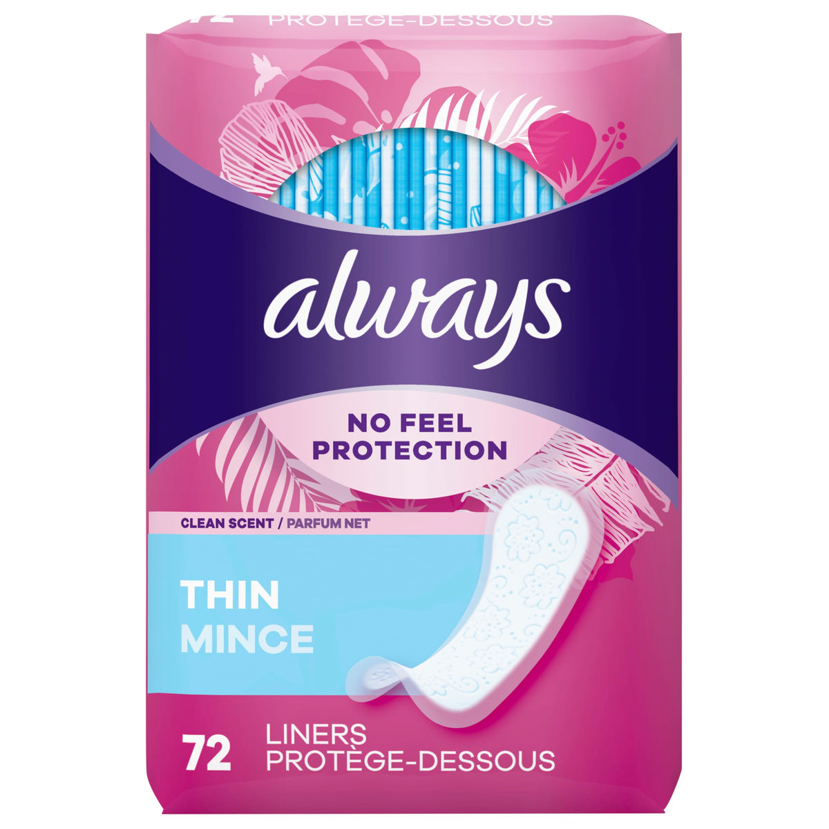 Panty Liners No Feel Protection Thin Regular, 72 Count by Always – Commercial Grade