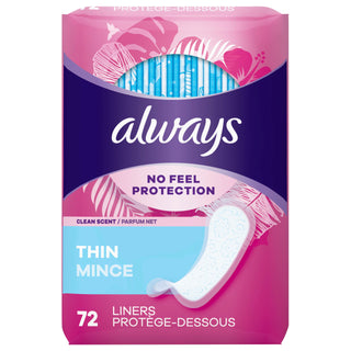 Panty Liners No Feel Protection Thin Regular, 72 Count by Always – Commercial Grade