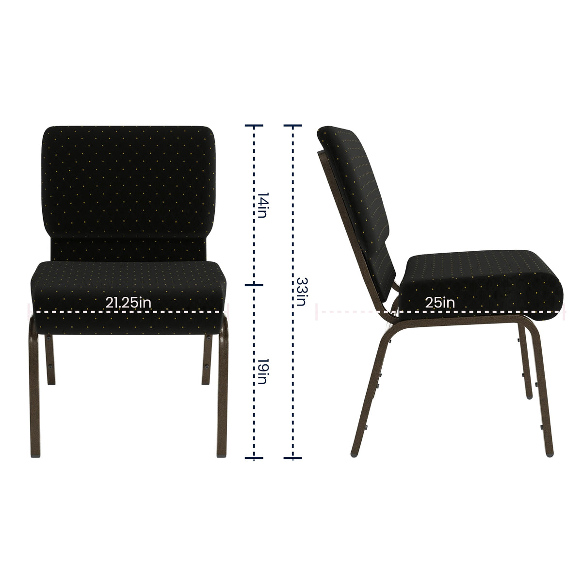 HERCULES Series 21''W Stacking Church Chair in Black Dot Patterned Fabric - Gold Vein Frame by Flash Furniture – Set of 1, Fabric, Foam, Steel, Model FD-CH0221-4-GV-S0806-GG