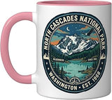 North Cascades National Park Washington Vintage Badge Ceramic Mug, Pink/White