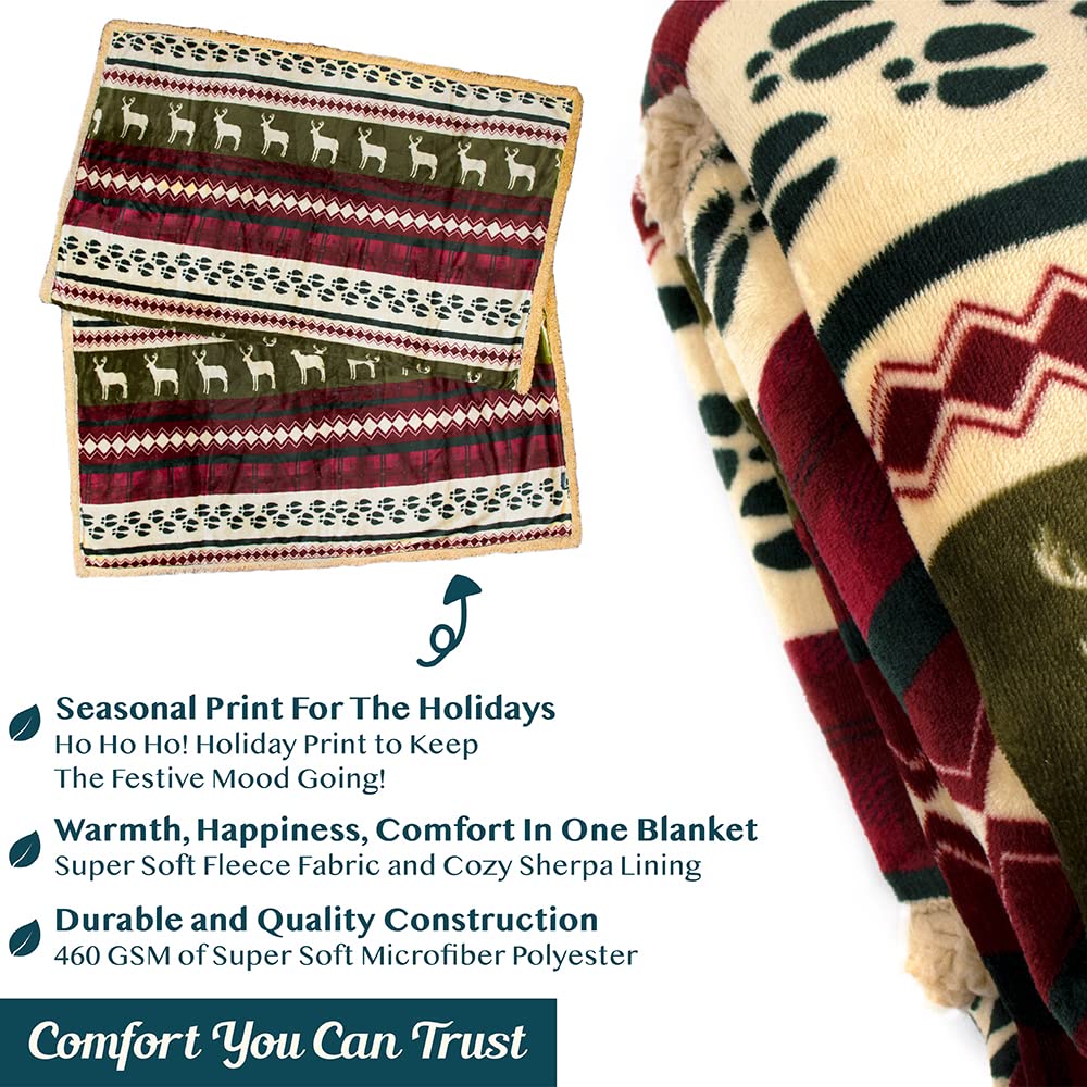 Pavilia Reindeer Cabin Sherpa Throw Blanket, 50x60 Inches, Red