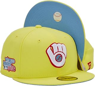 New Era Milwaukee Brewers Kool Aid Pack 59FIFTY Hat 82 World Series Side Patch Men's Hat Rare Embroidered Graphics Yellow