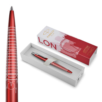 Jotter Ballpoint Pen | Special Edition | London Red with Chrome Trim | Medium Point | Blue Ink | Gift Box by Parker – 1 Count (Pack of 1), Metal, Blue, Model 2221603