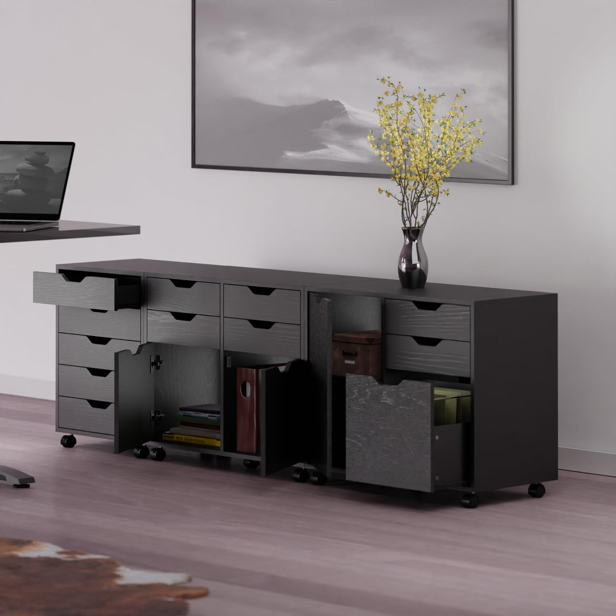 Halifax 3-Pc Set Cabinets by Winsome – 3 Doors, 12 Drawers, Engineered Wood, Black, Model 20346