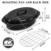 Vankutl Roasting Pan with Rack and Lid, 13 Inch Carbon Steel, Black