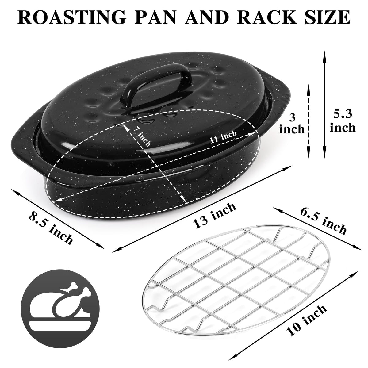 Vankutl Roasting Pan with Rack and Lid, 13 Inch Carbon Steel, Black