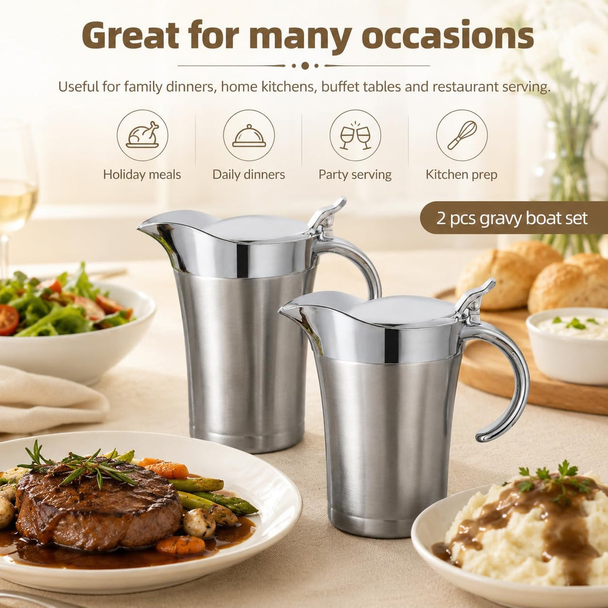 Nimbloom Insulated Gravy Boat, 27 oz Double Wall Stainless Steel, Silver 2 Pack
