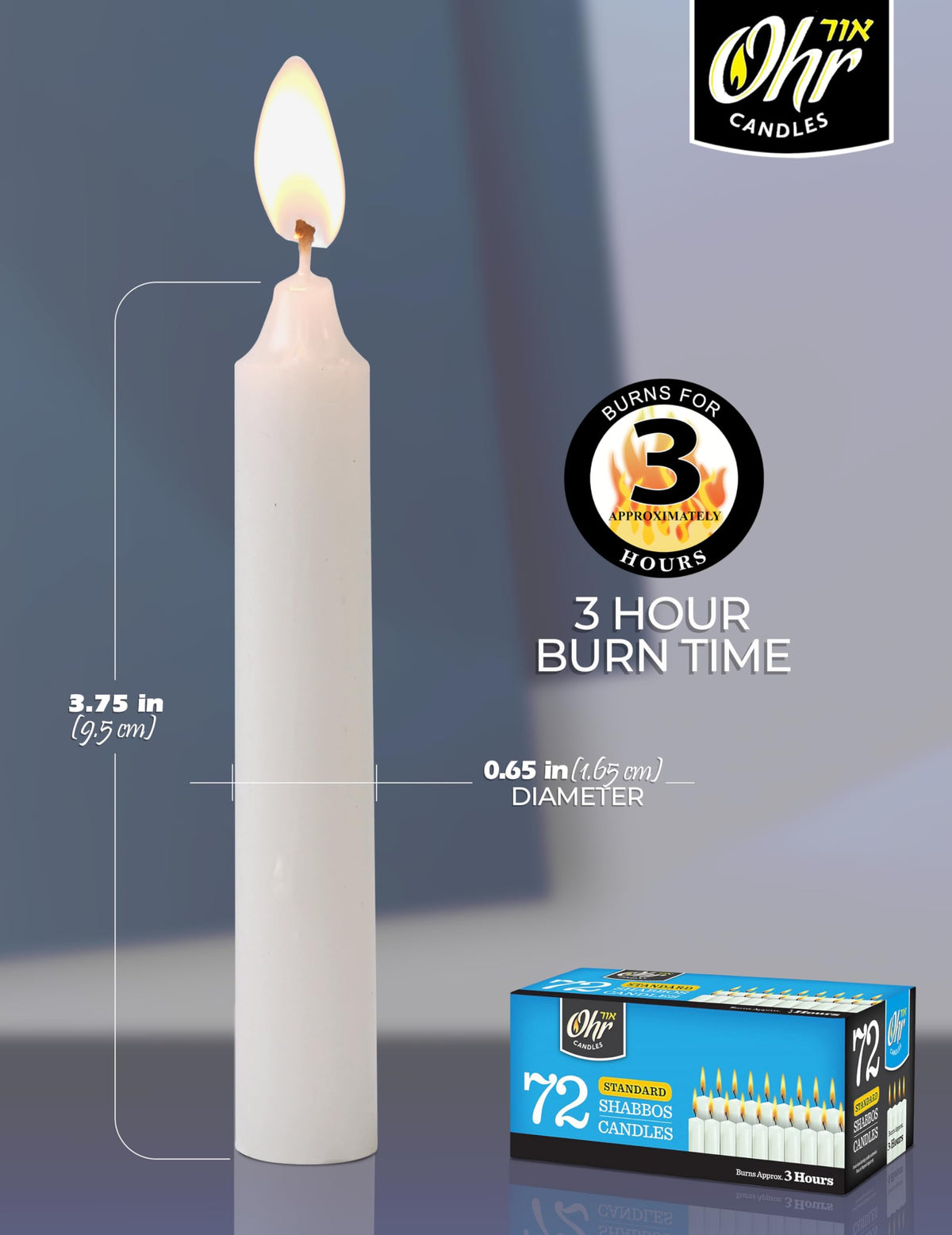 Ohr Candles Shabbat Tapers, 3 Hour Burn, White, 144 Count