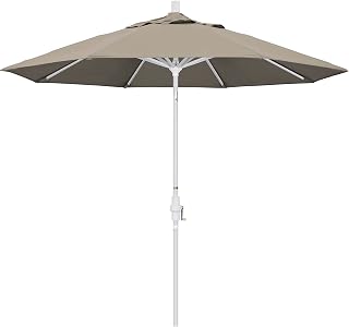California Umbrella 9' Round Aluminum Market Umbrella, Crank Lift, Collar Tilt, White Pole, Pacifica Pacific Blue