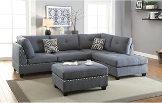 3-Piece sectional Sofa with Reversible Chaise and Ottoman, Nailhead Trim Detail, Cushion Back Linen-Like Fabric, L-Shaped Layout with Wood Frame and Pillows Included for Modern Living Room