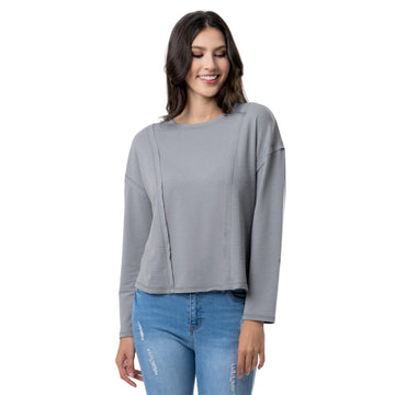 Women's Crew Neck Cropped Waffle Knit Pullover Top by Lee – Polyester, Grey, Model 21368