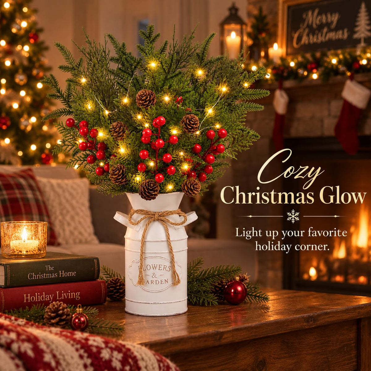 KIVIVO Christmas Centerpiece, Metal Pot with Norfolk Pine Stems, Red