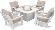 Polywood Vineyard 5-Piece Deep Seating Rocking Chair Conversation Set with Fire Pit Table (White/Cast Ash)