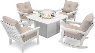 Polywood Vineyard 5-Piece Deep Seating Rocking Chair Conversation Set with Fire Pit Table (White/Cast Ash)