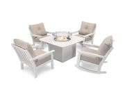 ® Vineyard 5-Piece Deep Seating Rocking Chair Conversation Set with Fire Pit Table (White/Cast Ash) by Polywood – White / Cast Ash