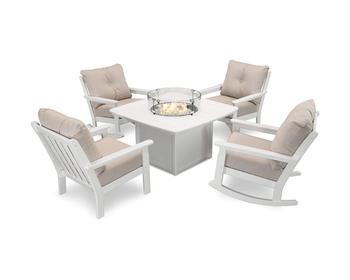 ® Vineyard 5-Piece Deep Seating Rocking Chair Conversation Set with Fire Pit Table (White/Cast Ash) by Polywood – White / Cast Ash